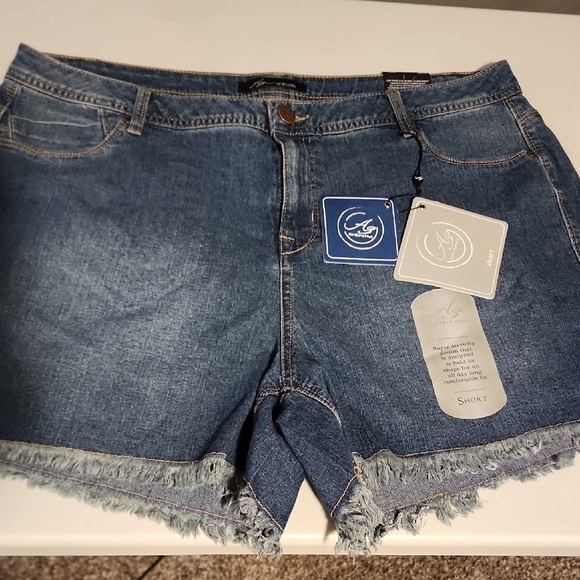 A3 Denium Pants - AG NWT Blue Jean Shorts with Frayed Hem and Distressed Details